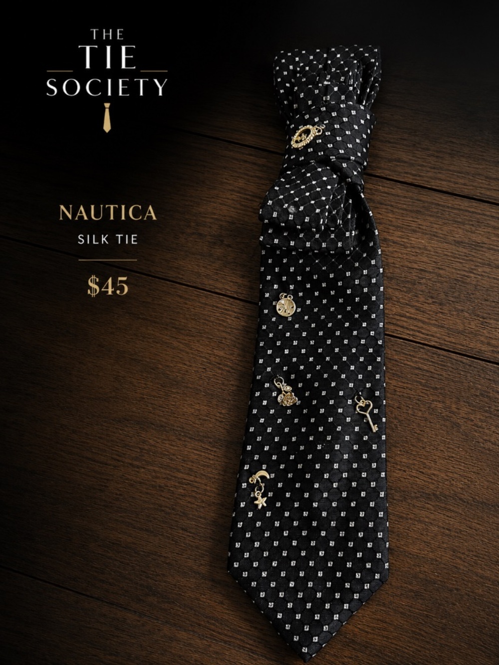 One-of-One Nautica Silk Statement Tie with Gold Charms | Upcycled Designer Tie |